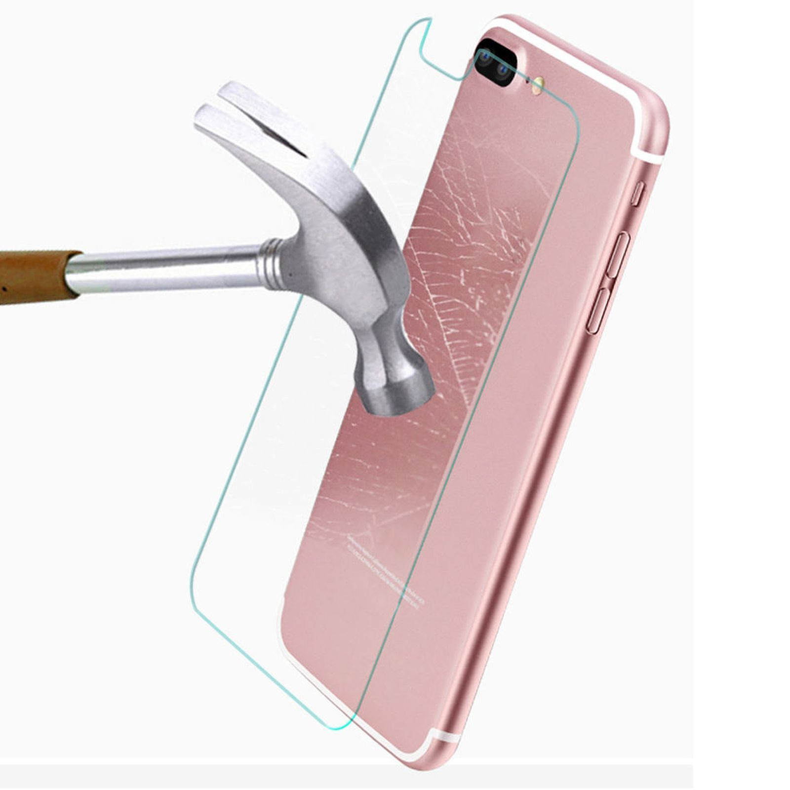 Hammer schlägt auf einen Telefonbildschirm mit Displayschutz. Rosa Telefon.