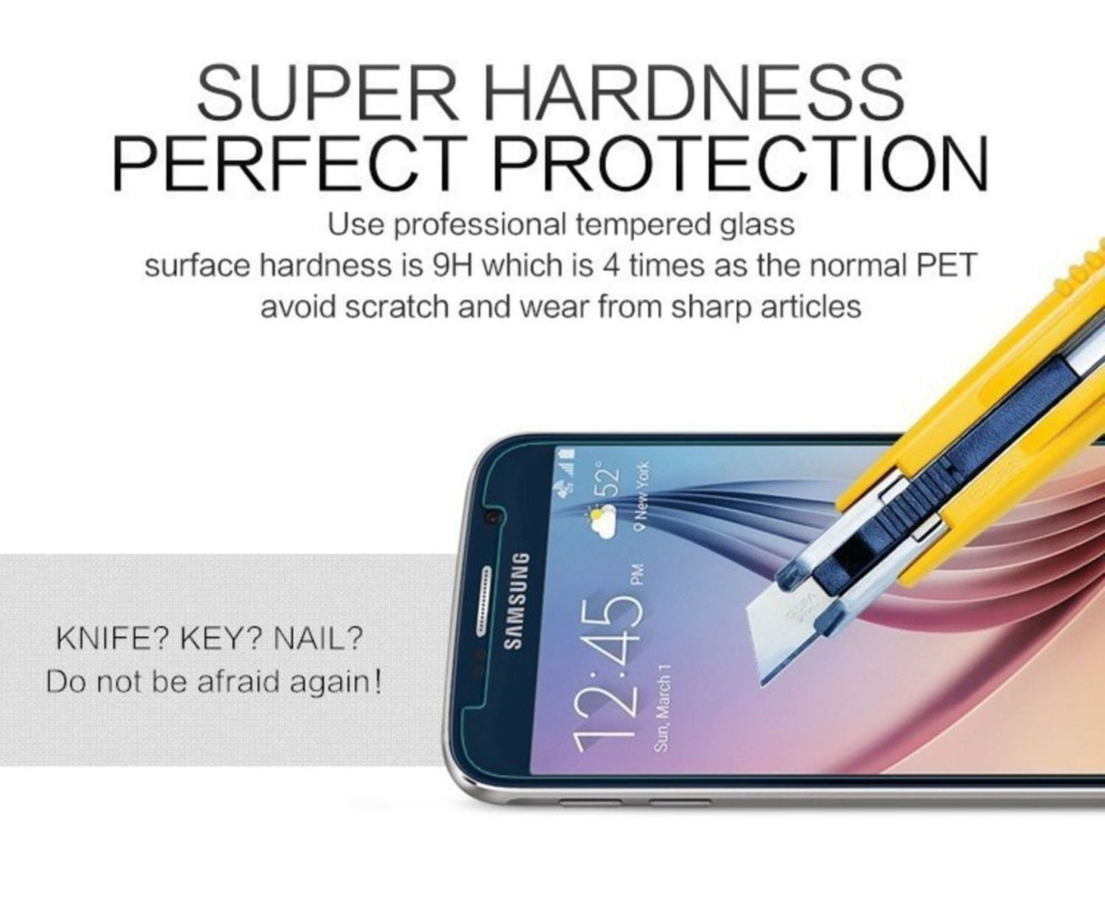 Displayschutz wird mit einem Cuttermesser auf einem Telefon getestet, Text sagt: 