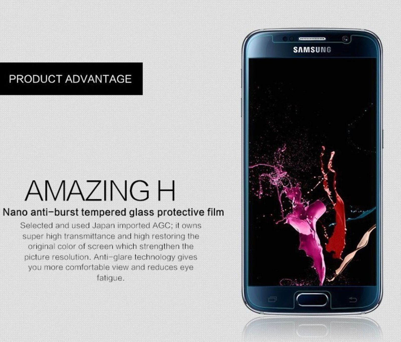 Smartphone mit angebrachter Displayschutzfolie, Produktinformationen angezeigt.