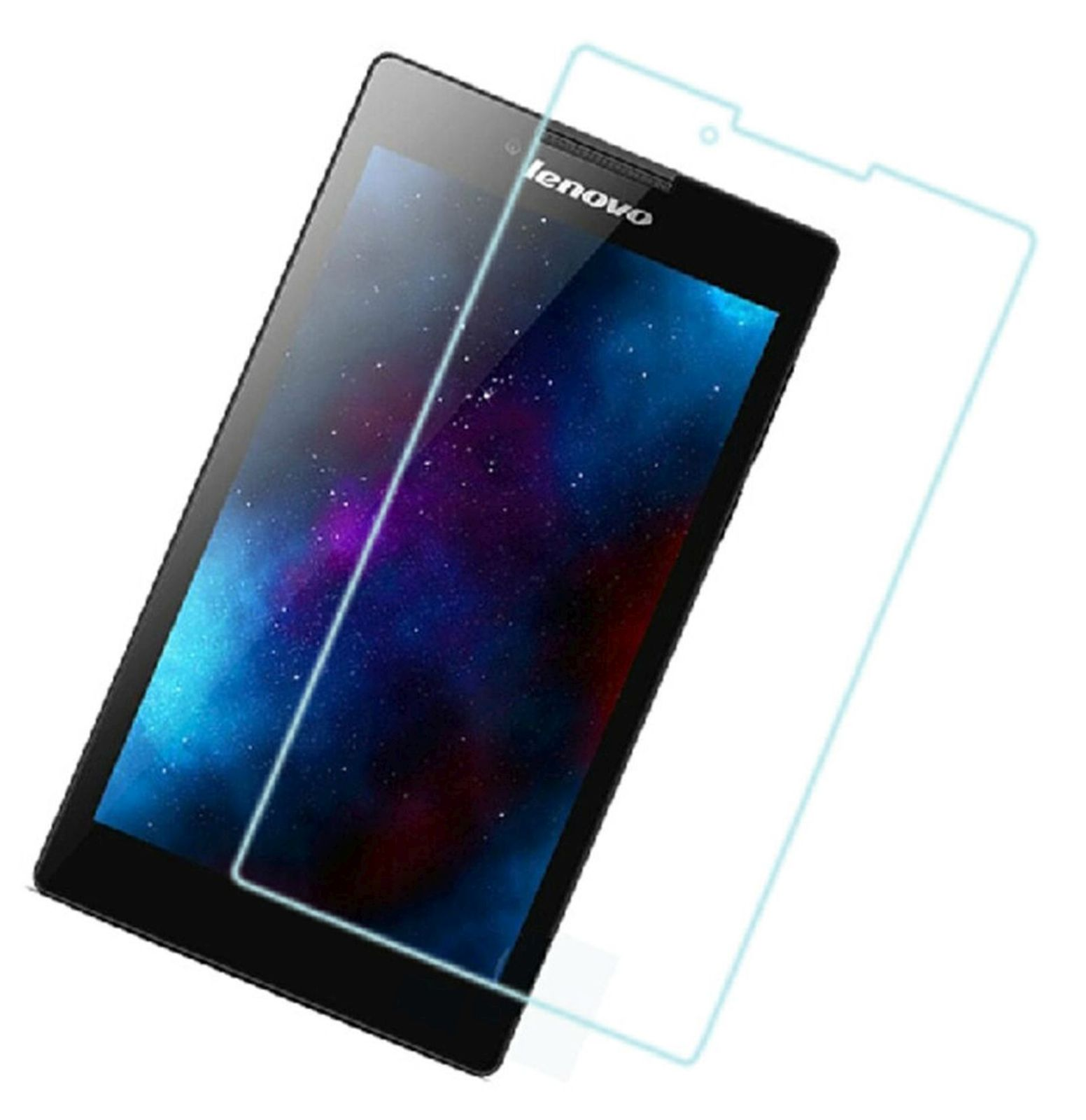 Tablet nero con protezione schermo. Mostra un'immagine della galassia. Sfondo bianco.