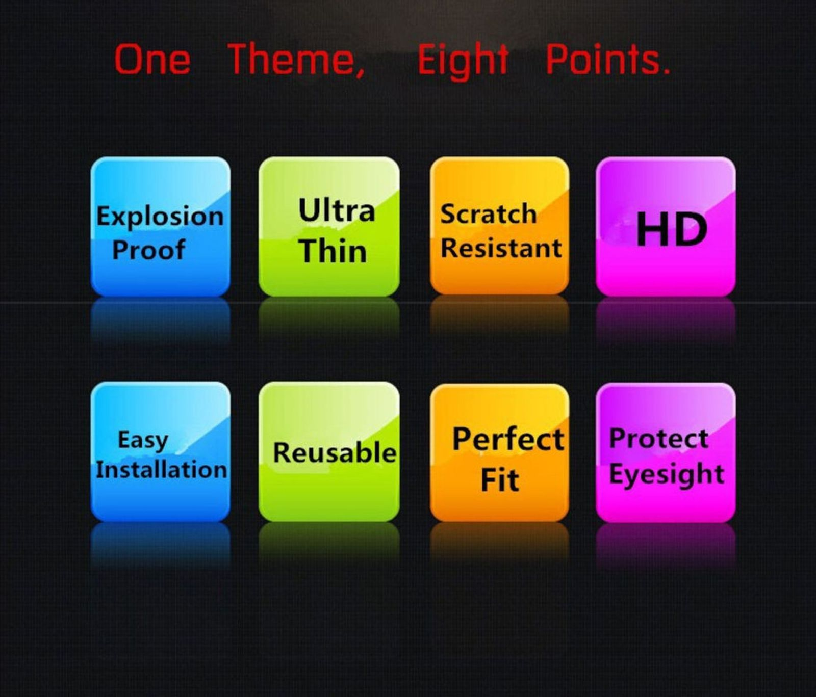 Otto quadrati colorati con testo. Testo: A prova di esplosione, Ultra sottile, Resistente ai graffi, HD, Facile installazione.
