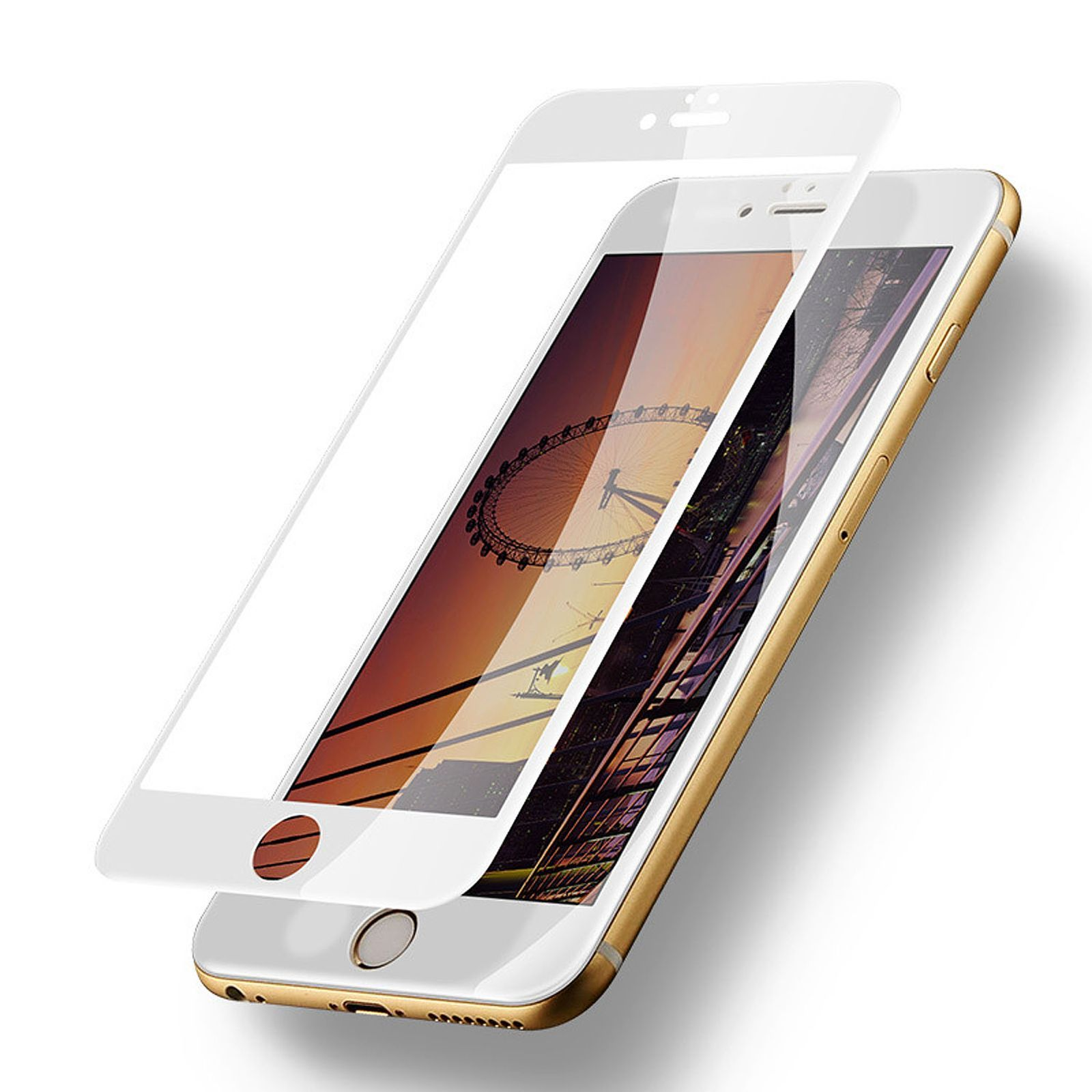 Ein goldfarbenes Smartphone mit einer Displayschutzfolie. Der Bildschirm zeigt das London Eye bei Sonnenuntergang.