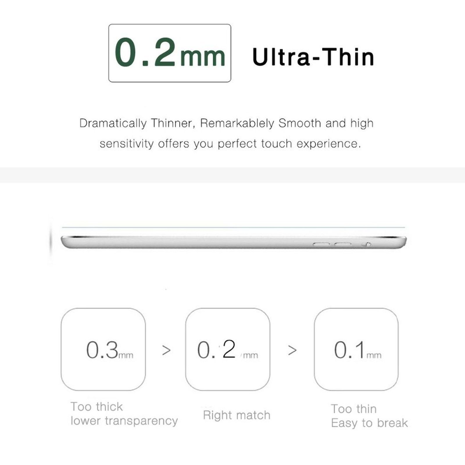 Ein ultradünner Displayschutz wird angezeigt, mit einem Vergleich der Dicken: 0,3 mm, 0,2 mm und 0,1 mm.