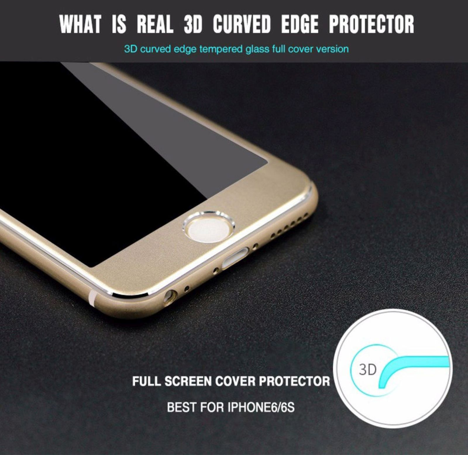 Goldener Telefonrahmen mit Displayschutz. Text sagt 'Full Screen Cover Protector' und 'Best for iPhone'.