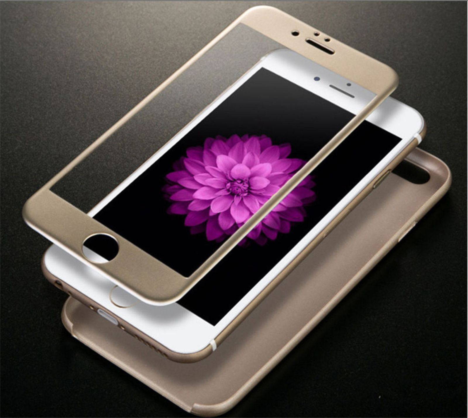 Ein Smartphone mit Displayschutz und Hülle, das eine lila Blume auf dem Bildschirm zeigt.