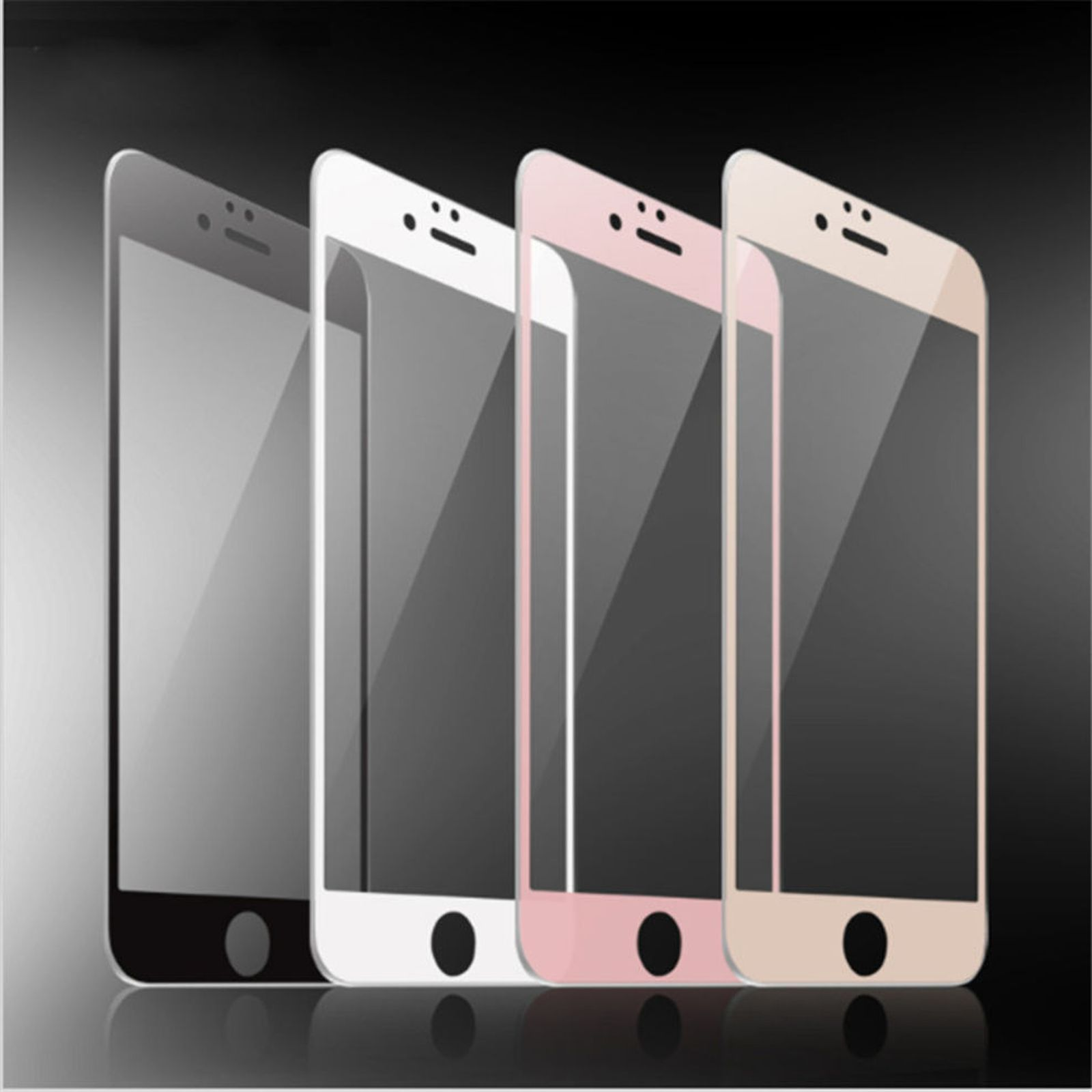 Vier Telefone mit Displayschutzfolien. Die Farben sind grau, weiß, rosa und beige, alle schwarz gerahmt.