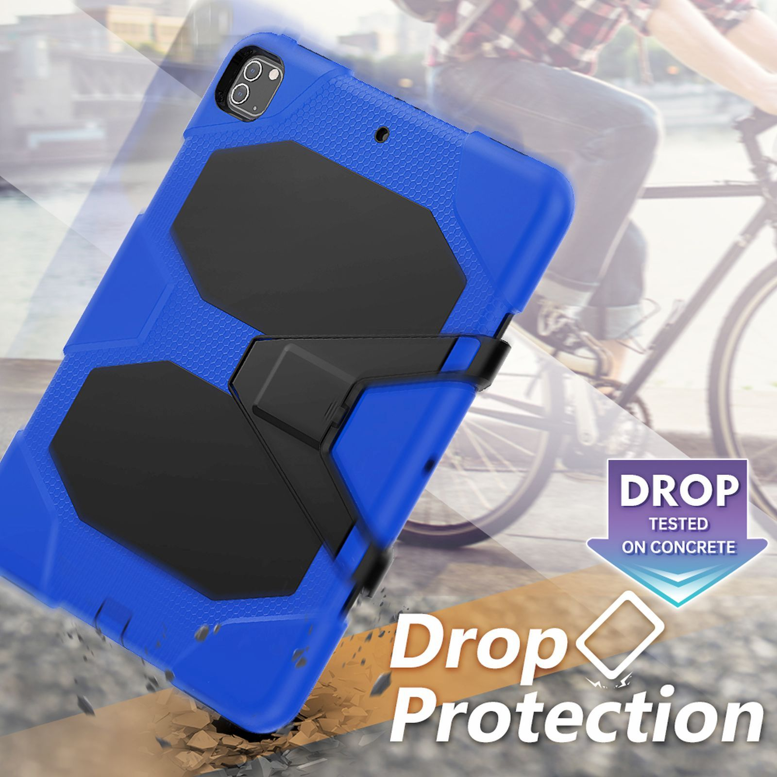 Blaue Tablet-Hülle mit schwarzen Akzenten. Text: 'Drop Protection'. Schwarzer Hintergrund.