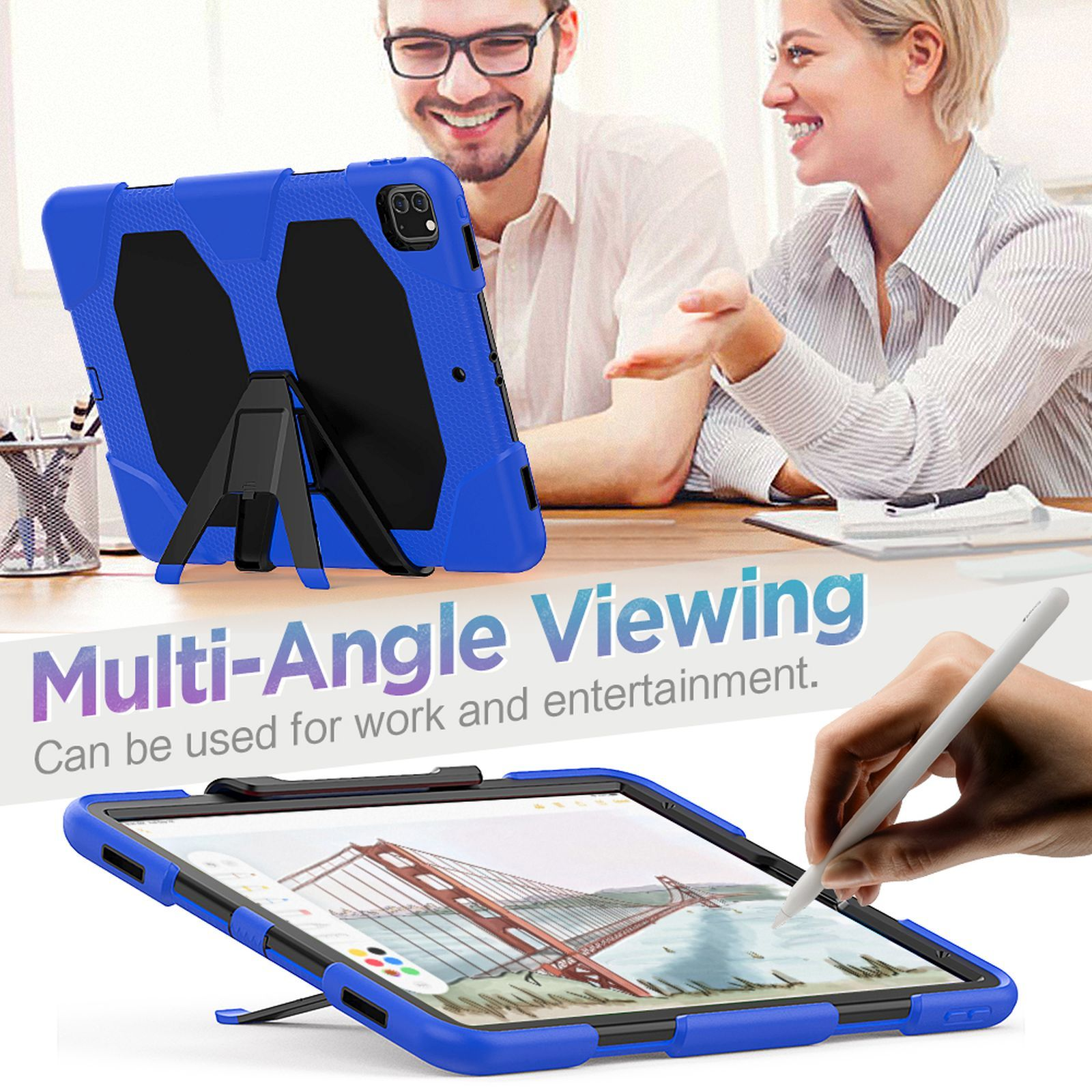 Ein Tablet in einer blauen Hülle mit Ständer, mit zwei Personen im Hintergrund.