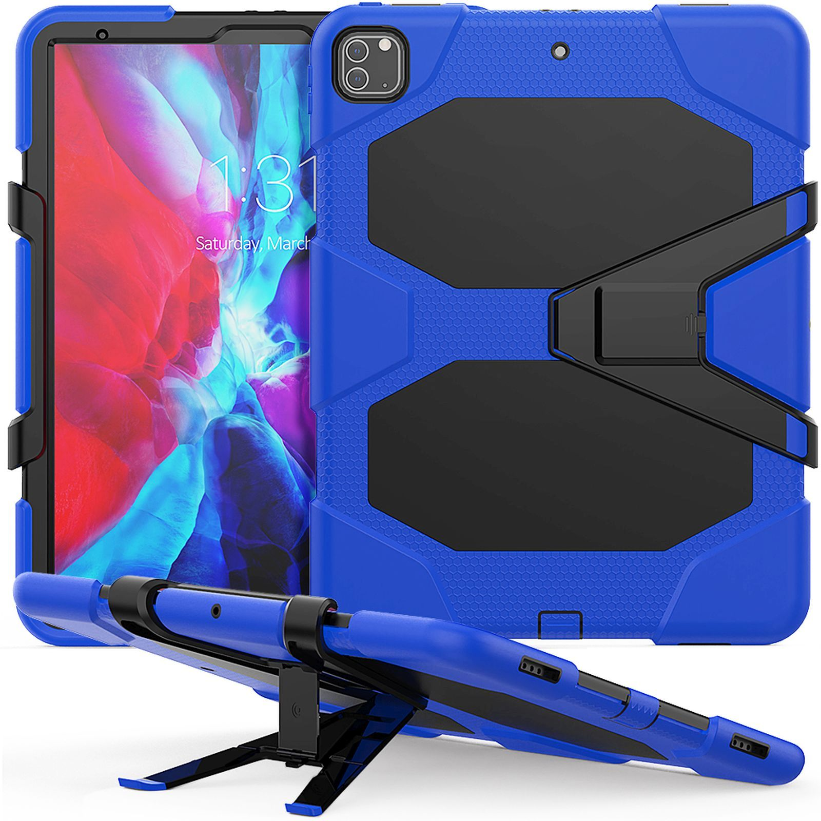 Blaue und schwarze Tablethülle mit Ständer, vor weißem Hintergrund, mit Tablet im Inneren.