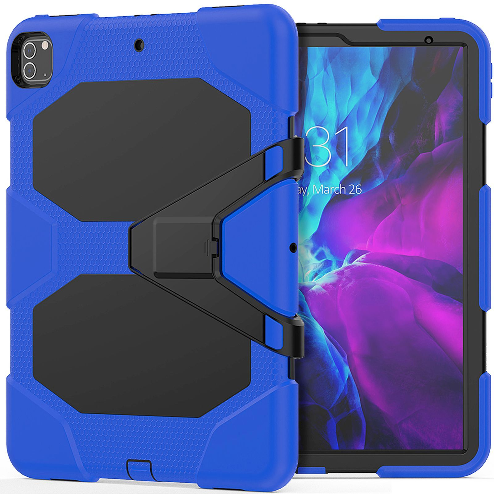Blaue und schwarze Tablethülle mit Ständer und Kamera.