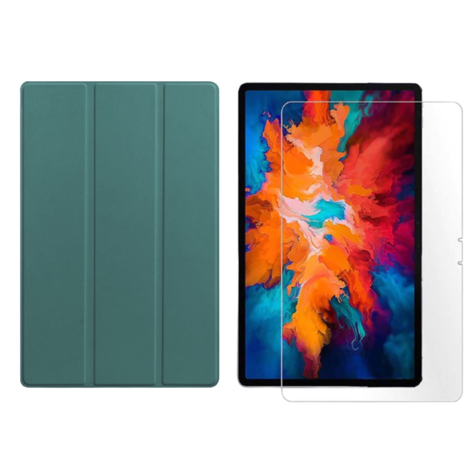 Grüne Tablet-Hülle und eine Displayschutzfolie. Der Hintergrund ist weiß.