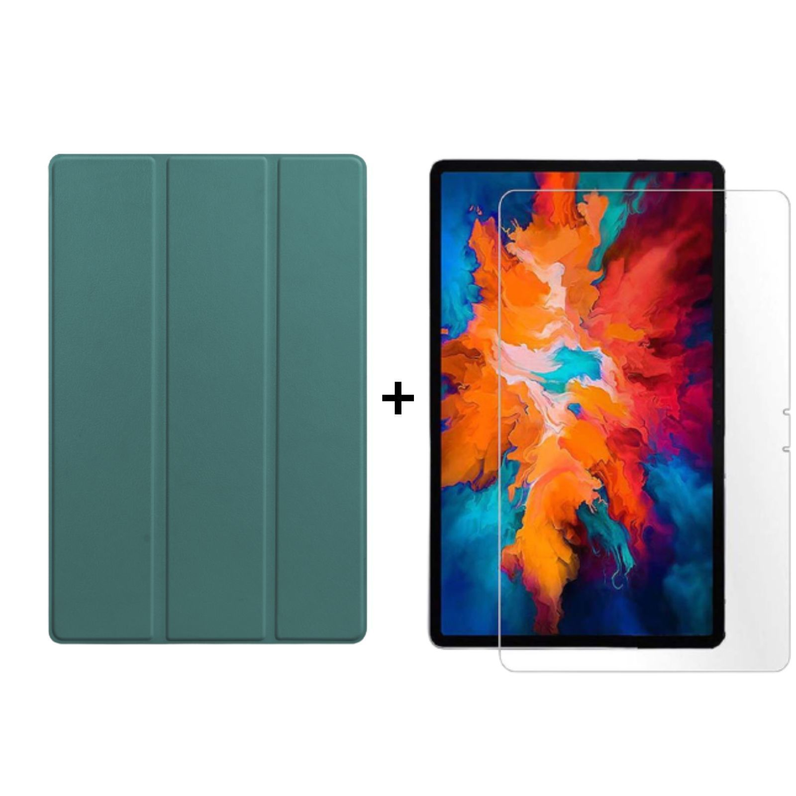 Grüne Tablethülle und Displayschutzfolie neben einem Tablet mit buntem, abstraktem Hintergrund.