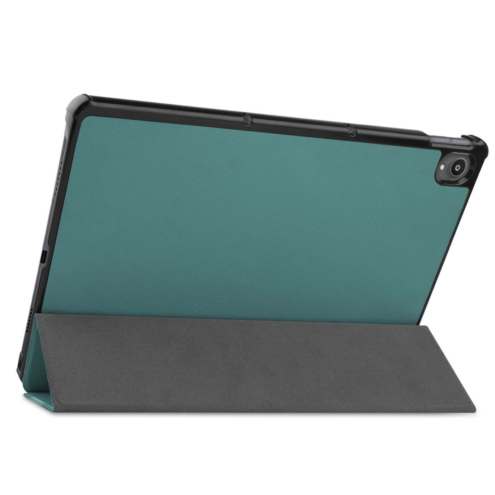 Eine teal Tablethülle mit dunklem Rand und Ständer.