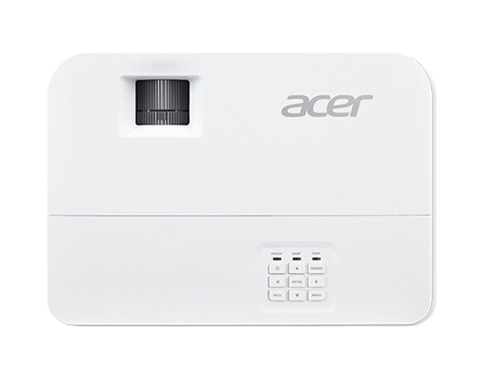 Ein weißer Acer-Projektor von vorne, mit Linse und Steuertasten.
