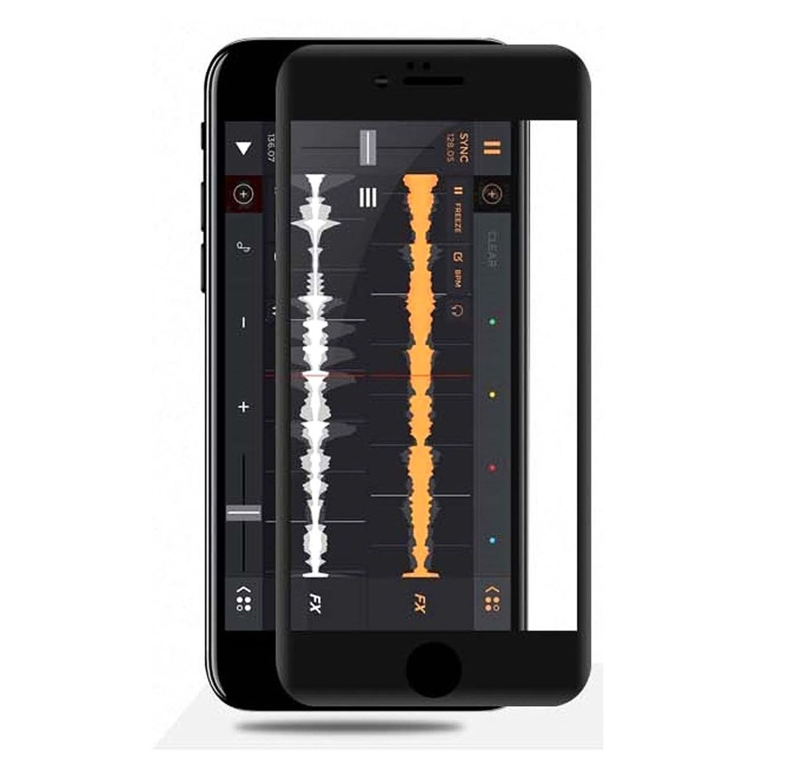Zwei schwarze Smartphones nebeneinander. Eines zeigt eine Musikoberfläche, das andere schwarz.