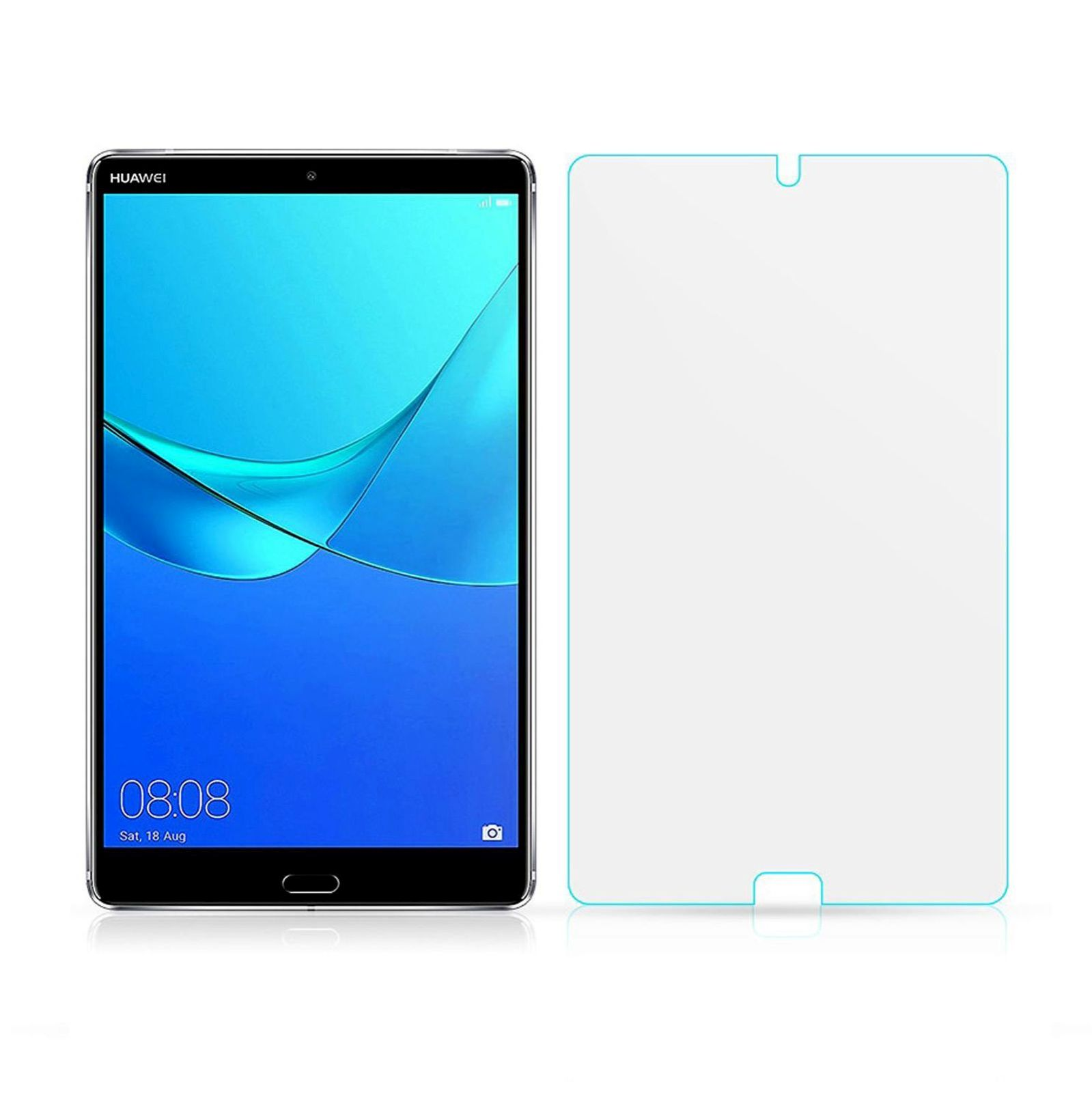 Tablet Huawei e protezione schermo. Il tablet mostra uno schermo blu. Sfondo bianco.