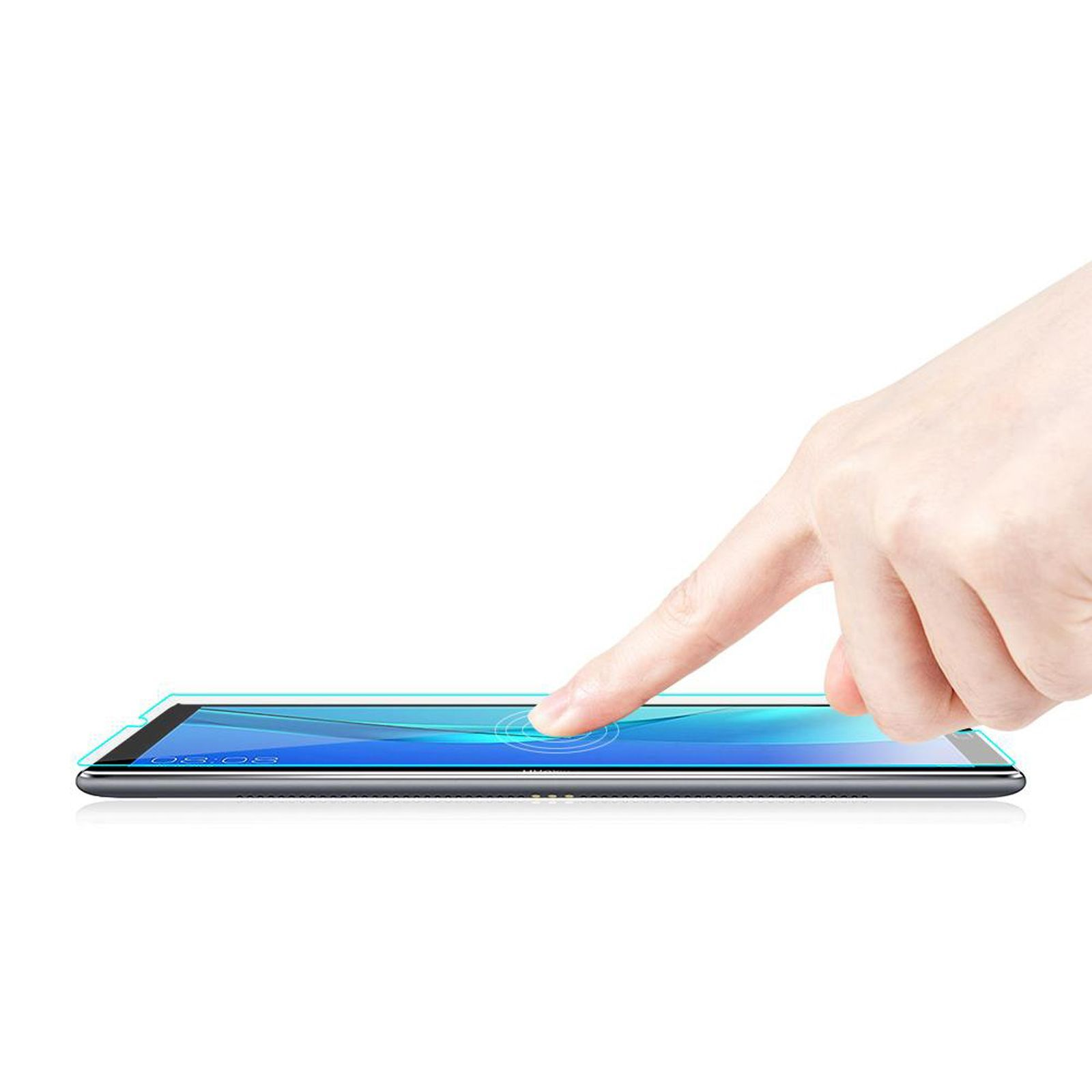 Un dito che tocca lo schermo di un tablet con un proteggi schermo applicato.