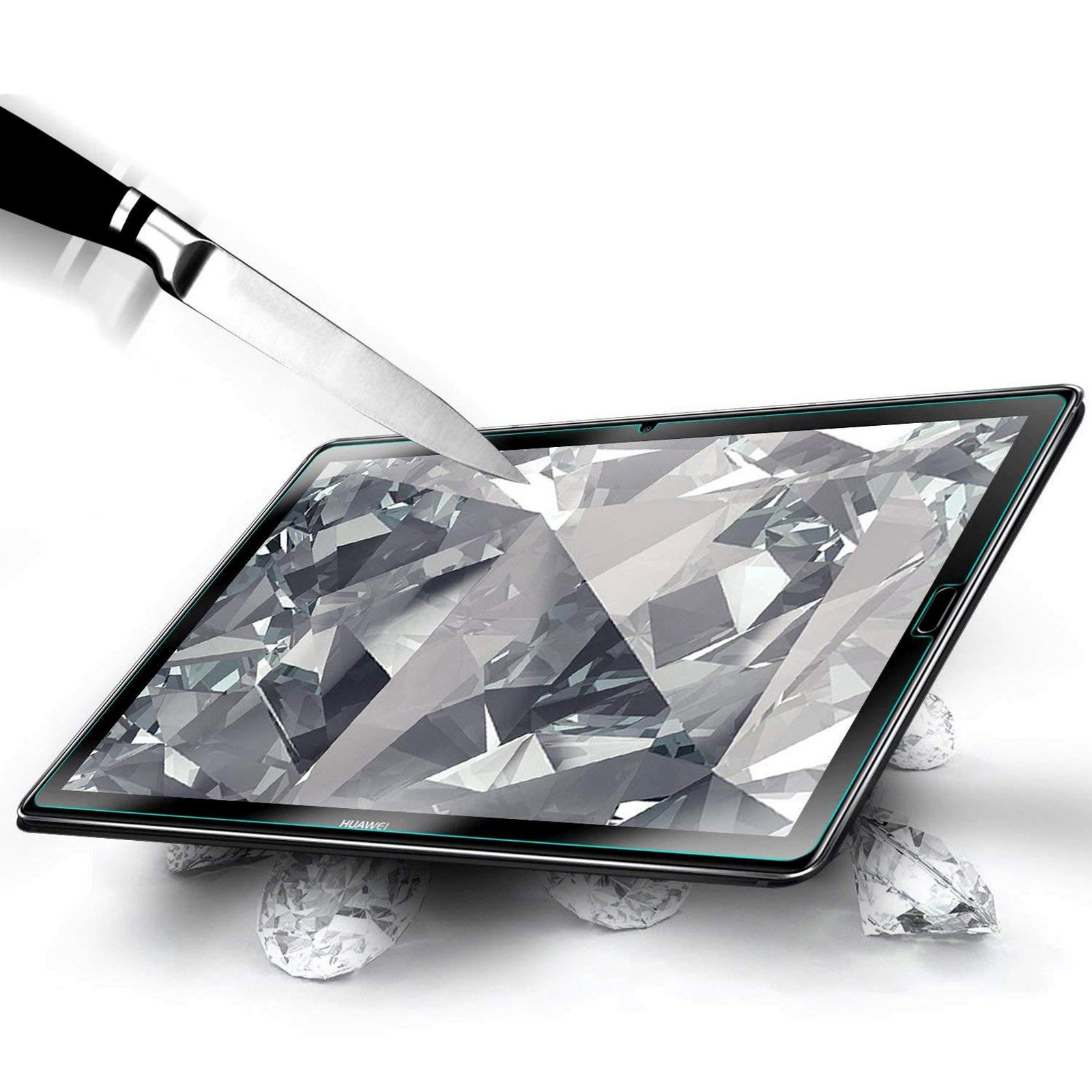 Uno schermo del tablet con un motivo a diamante che viene tagliato da un coltello su una superficie bianca.