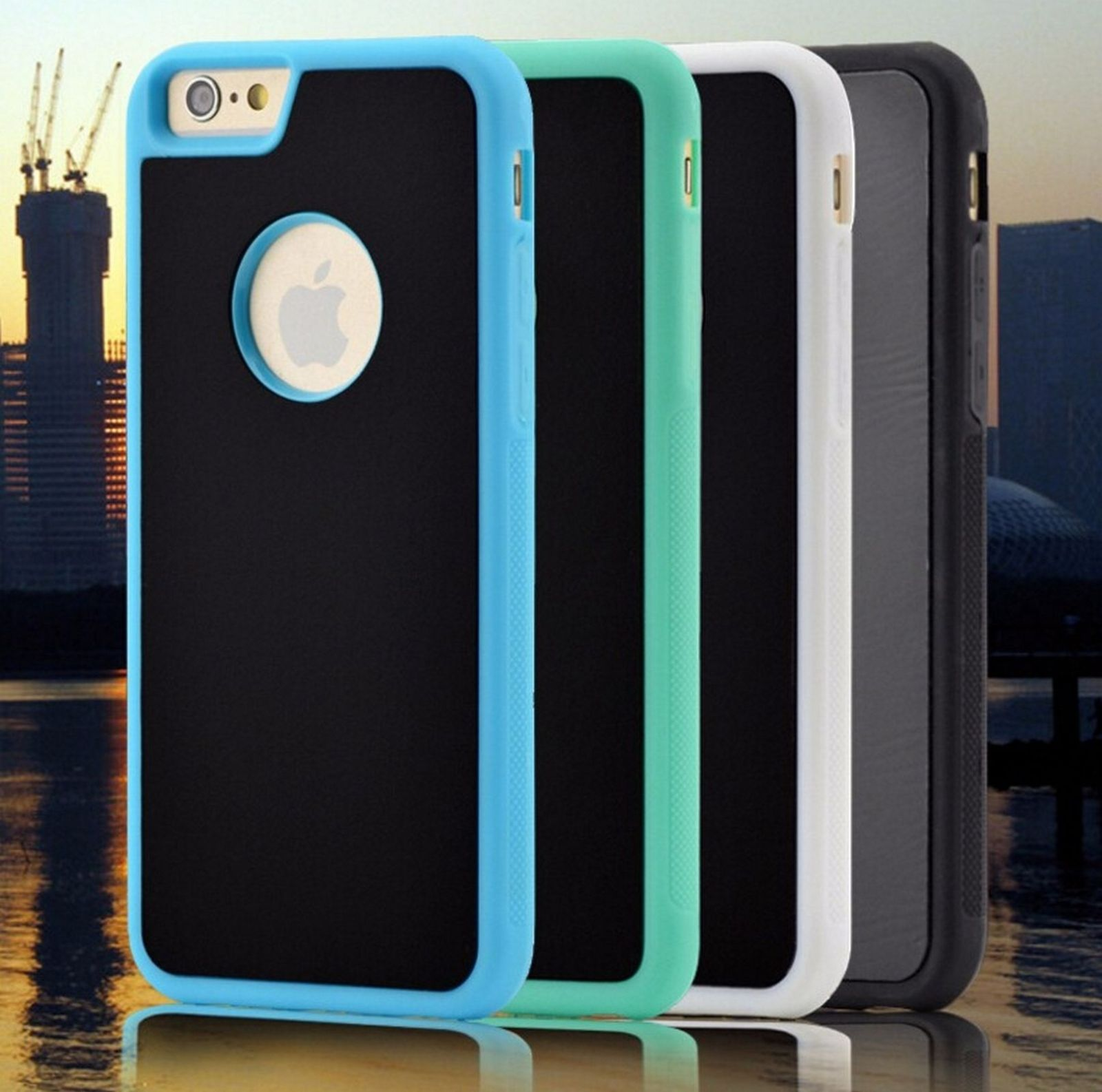 Vier Handyhüllen in Blau, Grün, Weiß und Schwarz, mit Apple-Logo.