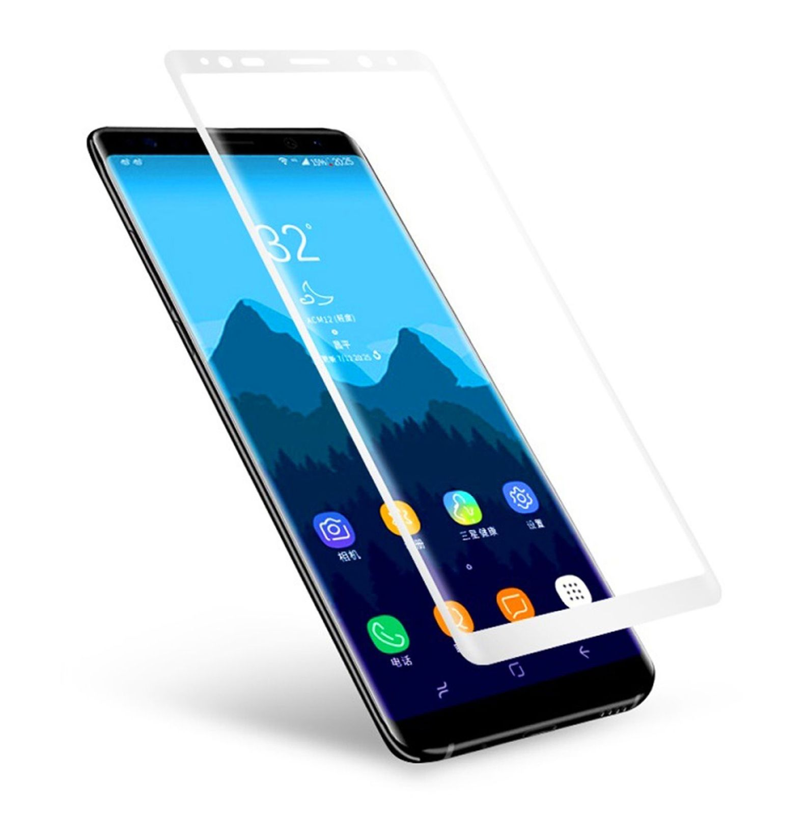 Ein Smartphone mit angebrachtem Displayschutz, zeigt Apps. Weißer Hintergrund.