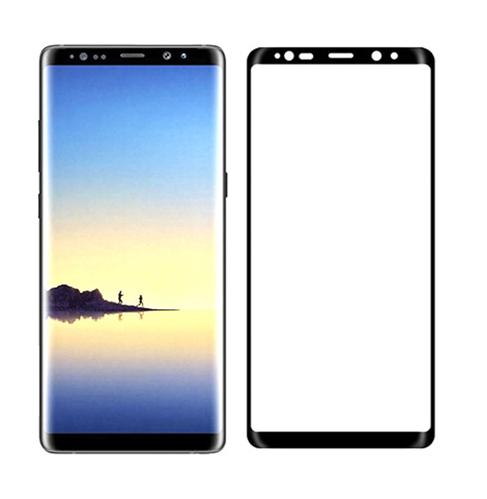 Zwei Telefonbildschirme nebeneinander, die eine Landschaft und einen weißen Bildschirm zeigen.