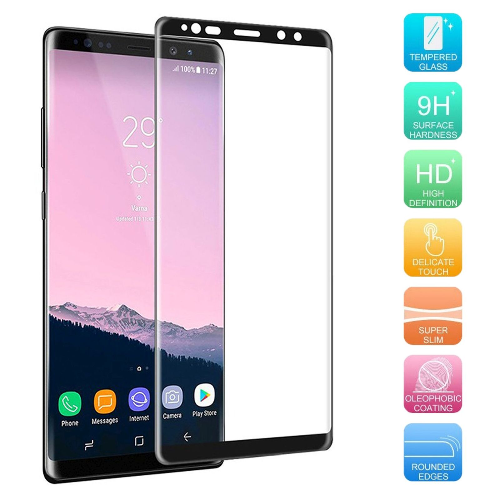 Smartphone mit Displayschutzfolie neben Symbolen, die Funktionen wie gehärtetes Glas und HD anzeigen.