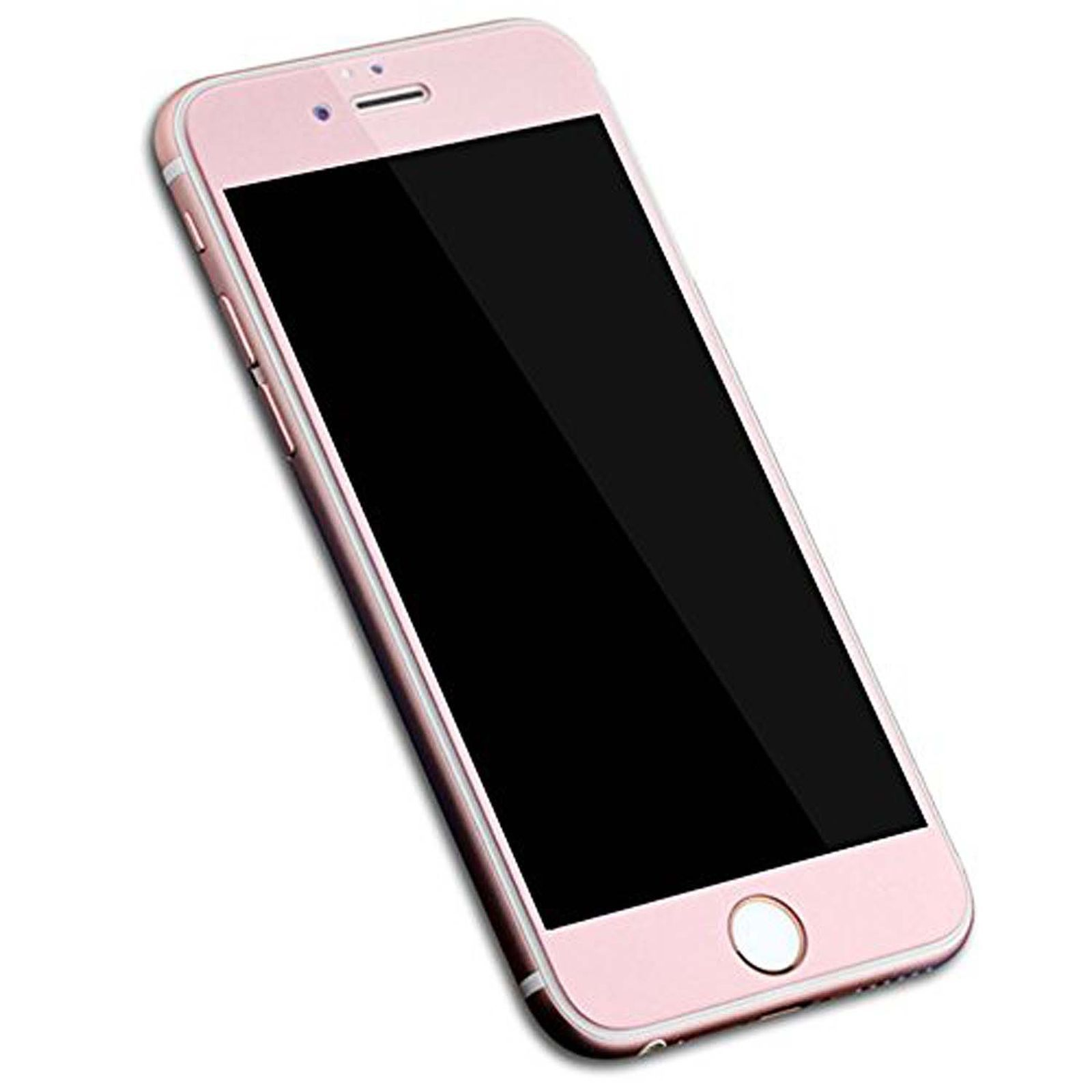 Roségoldenes Smartphone mit schwarzem Bildschirm, Kamera und Home-Button.