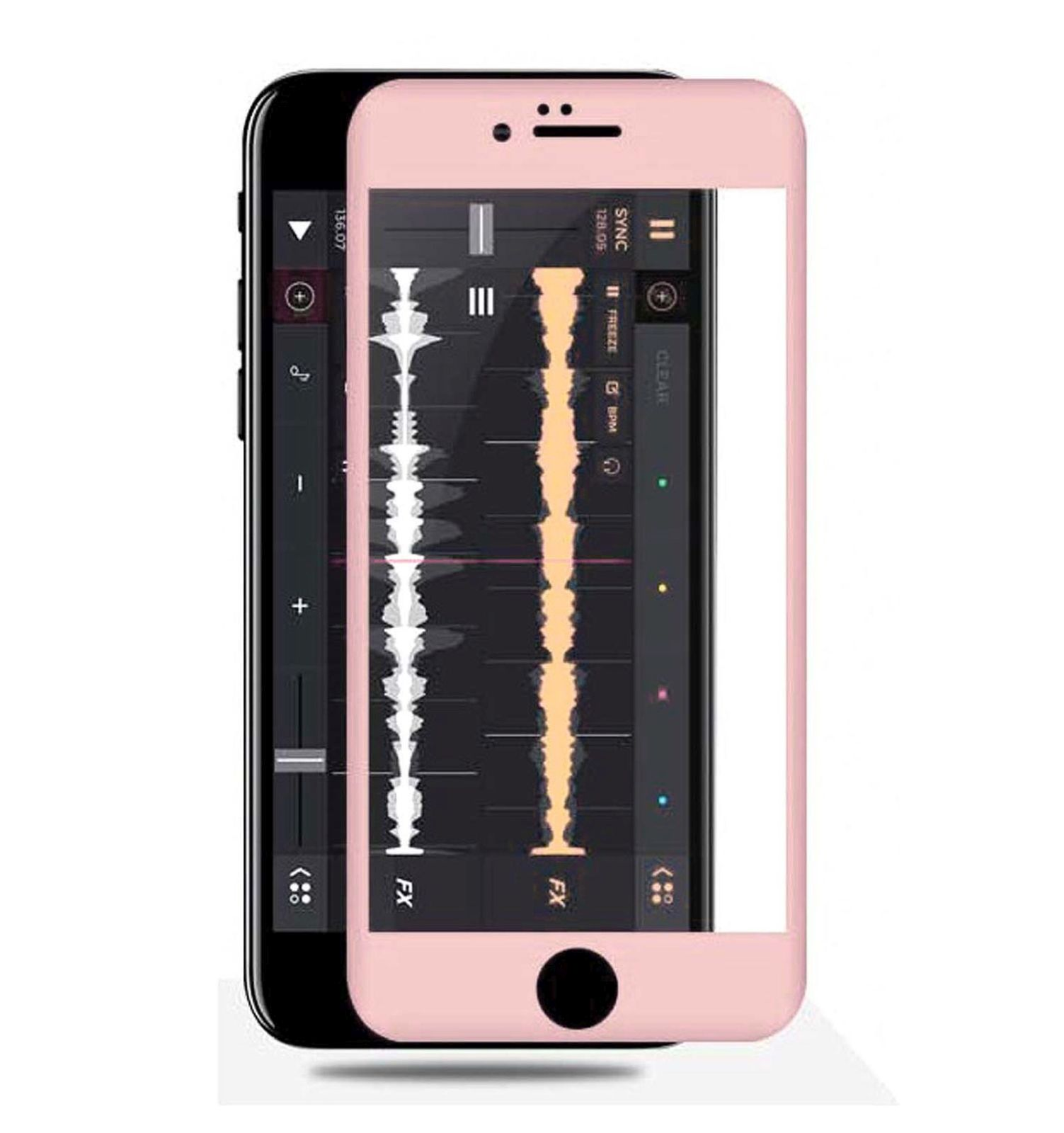 Ein schwarzes Telefon mit einem rosa Displayschutz. Das Telefon zeigt eine Musik-App.