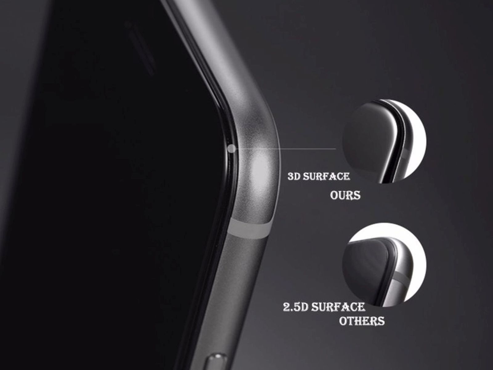 Nahaufnahme des Vergleichs von Telefonkanten. Eine mit „3D-Oberfläche“ beschriftet, die andere mit „2,5D-Oberfläche“.