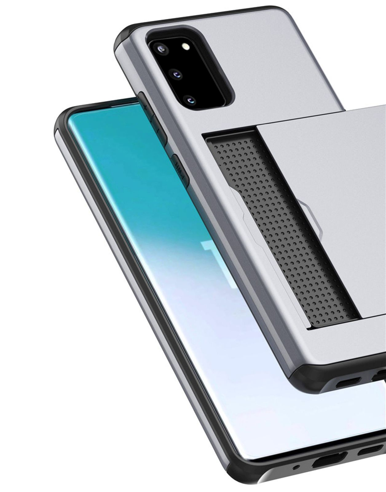 Ein Telefon in einer silbernen Hülle mit Kartensteckplatz. Das Telefon liegt auf einer reflektierenden Oberfläche.