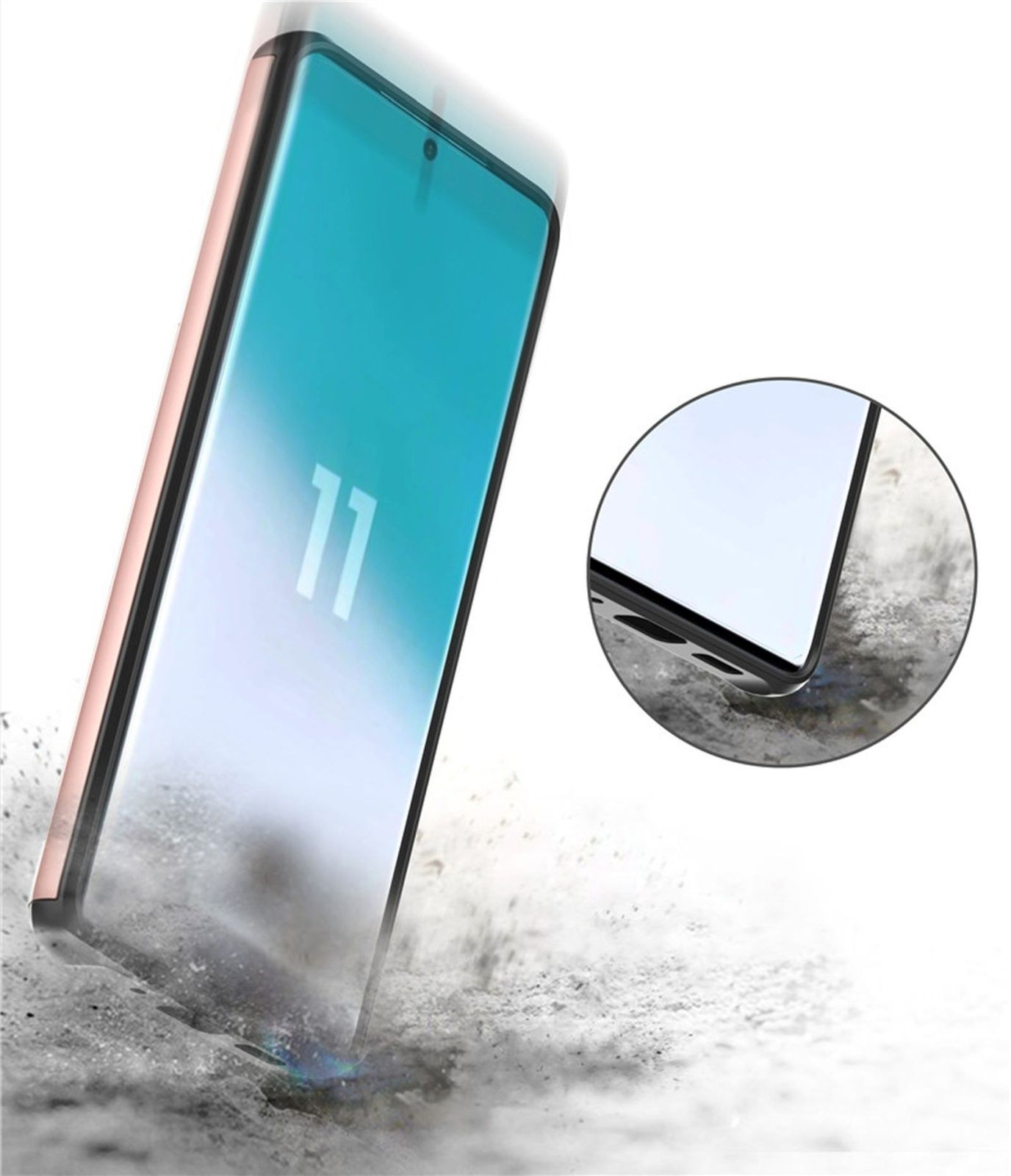 Telefon fällt, Bildschirm zeigt '11'. Eine gebogene Kante ist in Nahaufnahme zu sehen. Staub ist sichtbar.