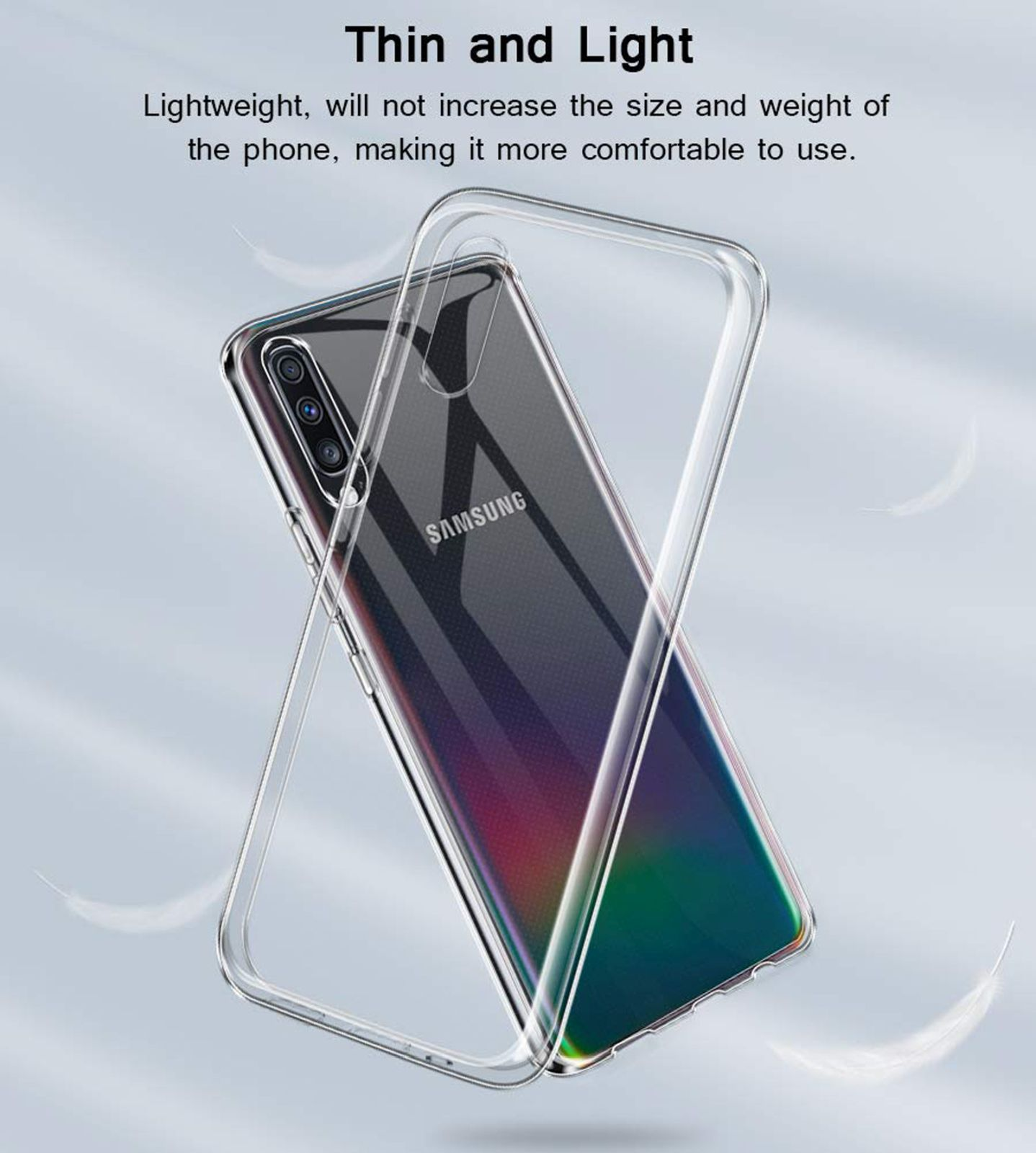 Transparente Handyhülle. Samsung-Handy, transparente Hülle. Weiße Wispel im Hintergrund.