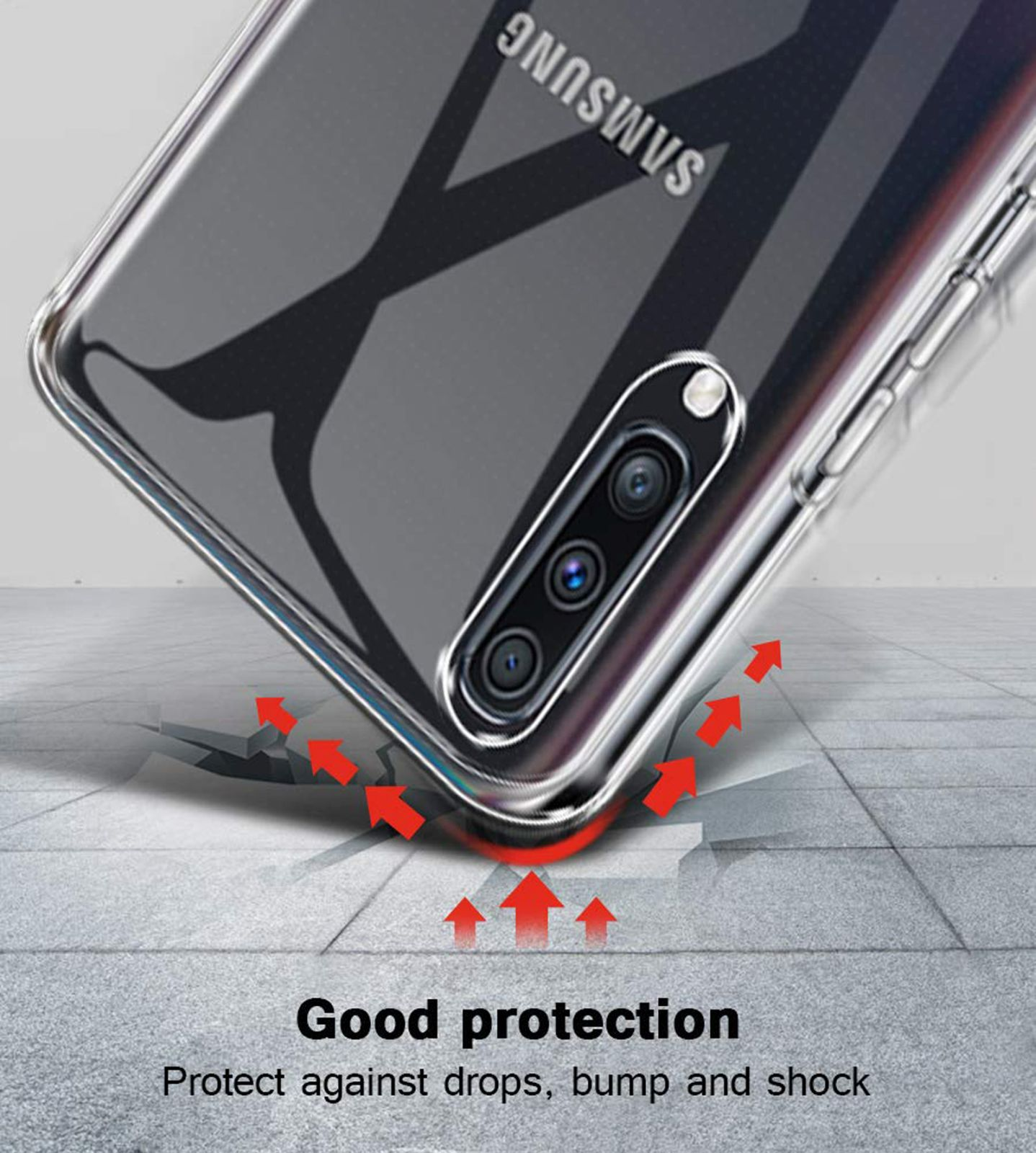 Klare Handyhülle schützt ein Telefon. Die Hülle befindet sich auf einer Oberfläche mit roten Pfeilen.