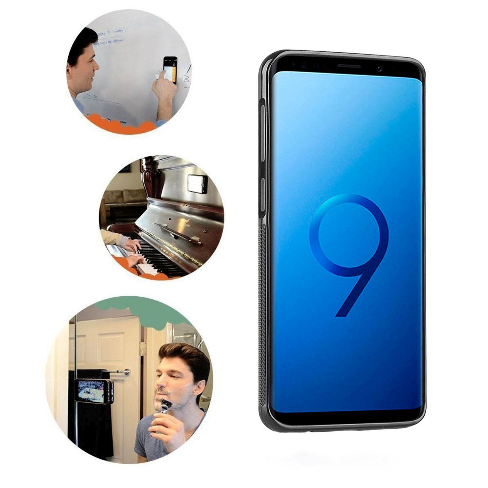 Telefon mit blauem Bildschirm und drei eingesetzten Bildern: Mann fotografiert, spielt Klavier und rasiert sich.