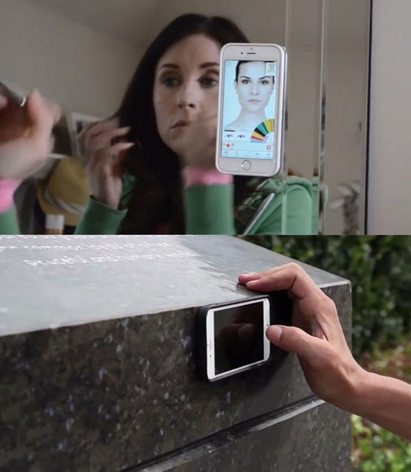 Eine Frau im Spiegel, die sich schminkt, mit einem Telefon, das Make-up-Optionen zeigt. Unten liegt ein Telefon auf Stein.