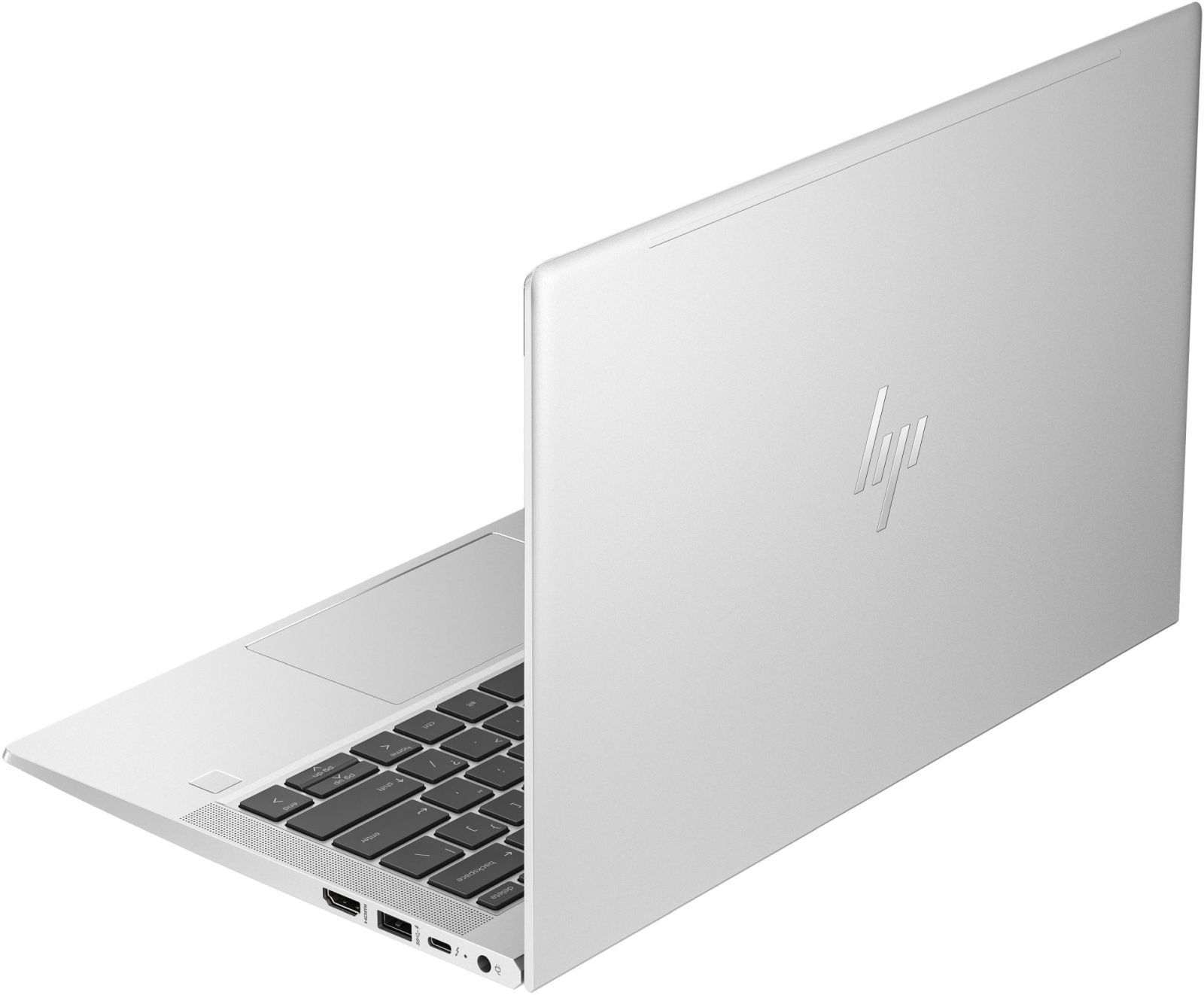 Weißer Laptop, Rückansicht. Silbernes HP-Logo. Geöffnet, zeigt Tastatur und Trackpad.