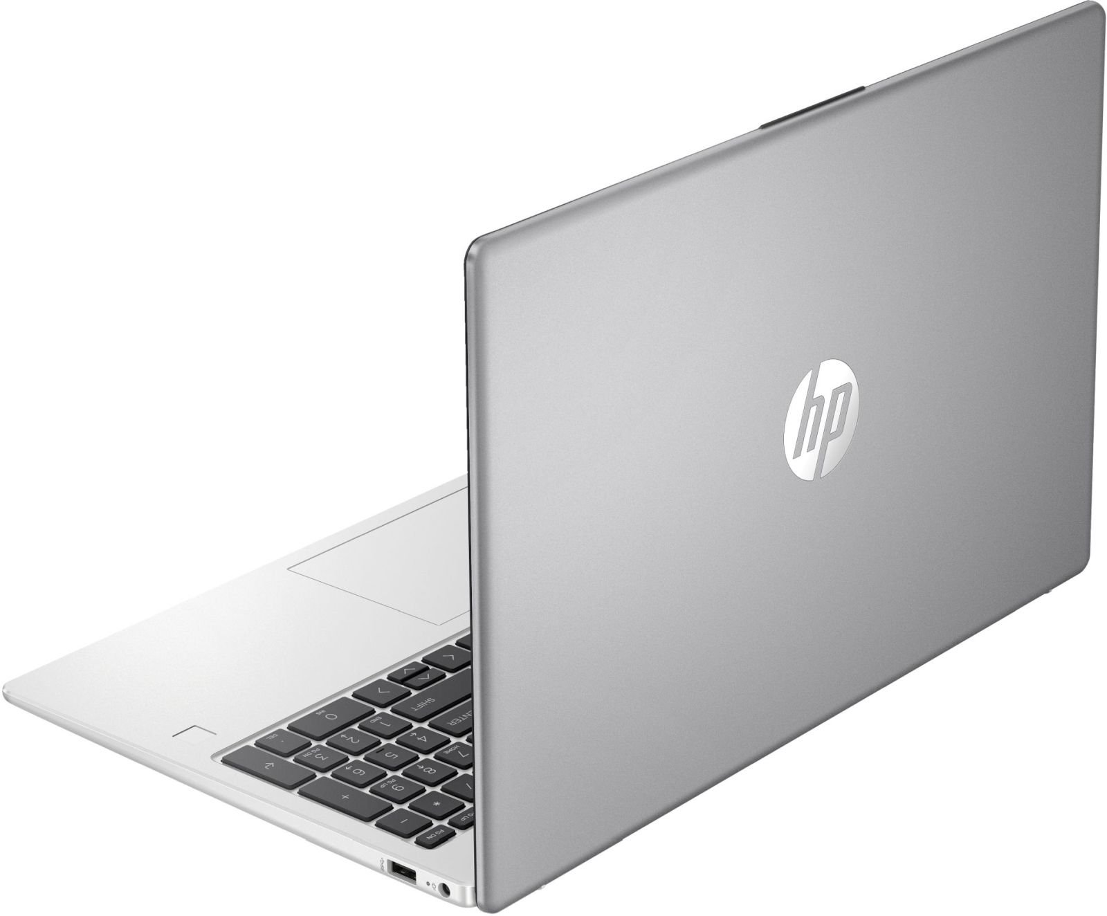 Rückansicht eines silbernen Laptops, mit HP-Logo und Tastaturbereich.