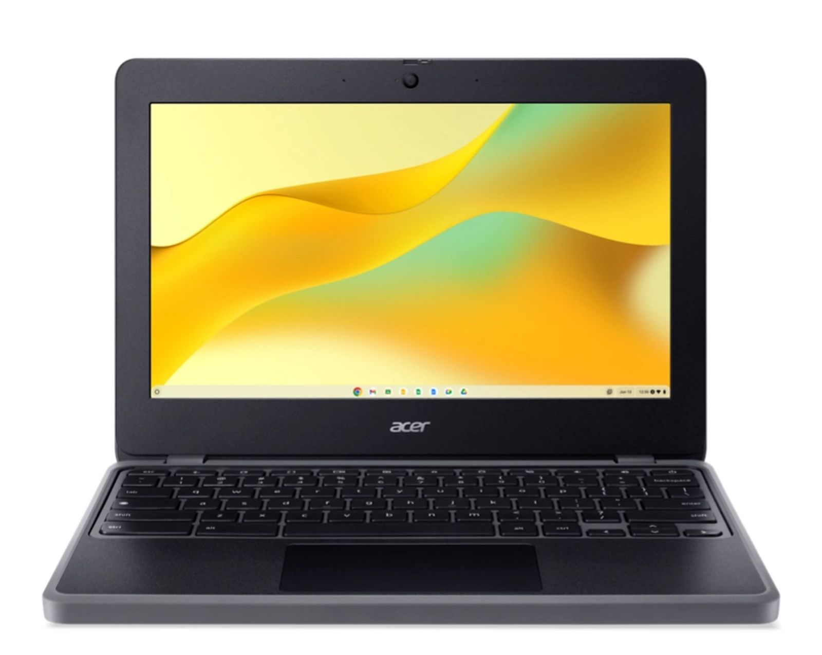 Un laptop Acer aperto su una superficie bianca, che mostra un'immagine gialla e verde.