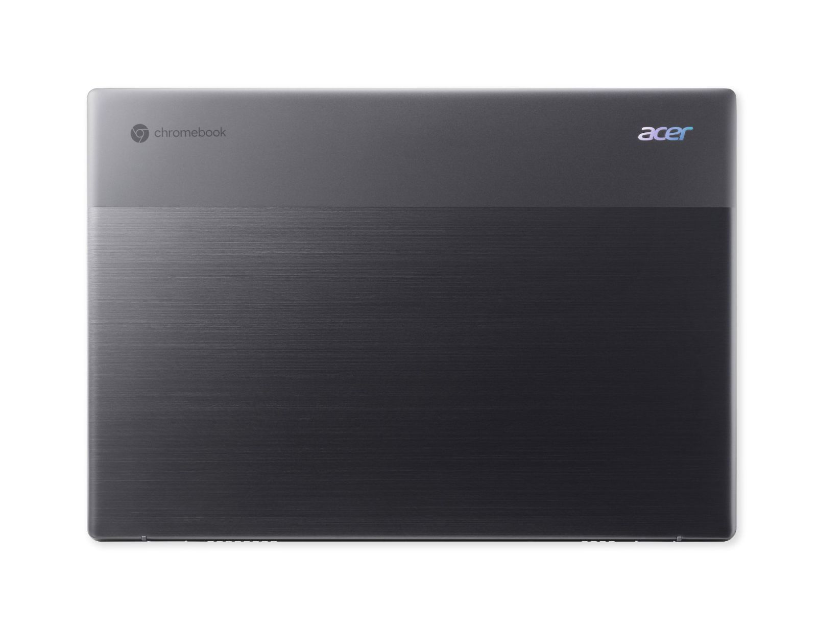 Geschlossener grauer Chromebook-Laptop. Acer-Logo oben rechts. Chrome-Logo oben links.