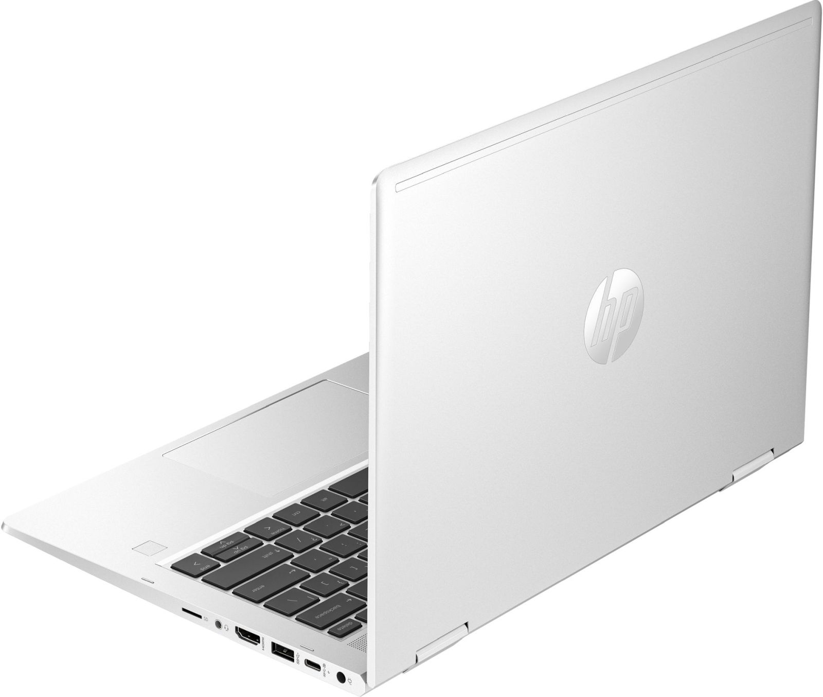 Biały laptop z logo HP z tyłu, częściowo otwarty, widoczna klawiatura.