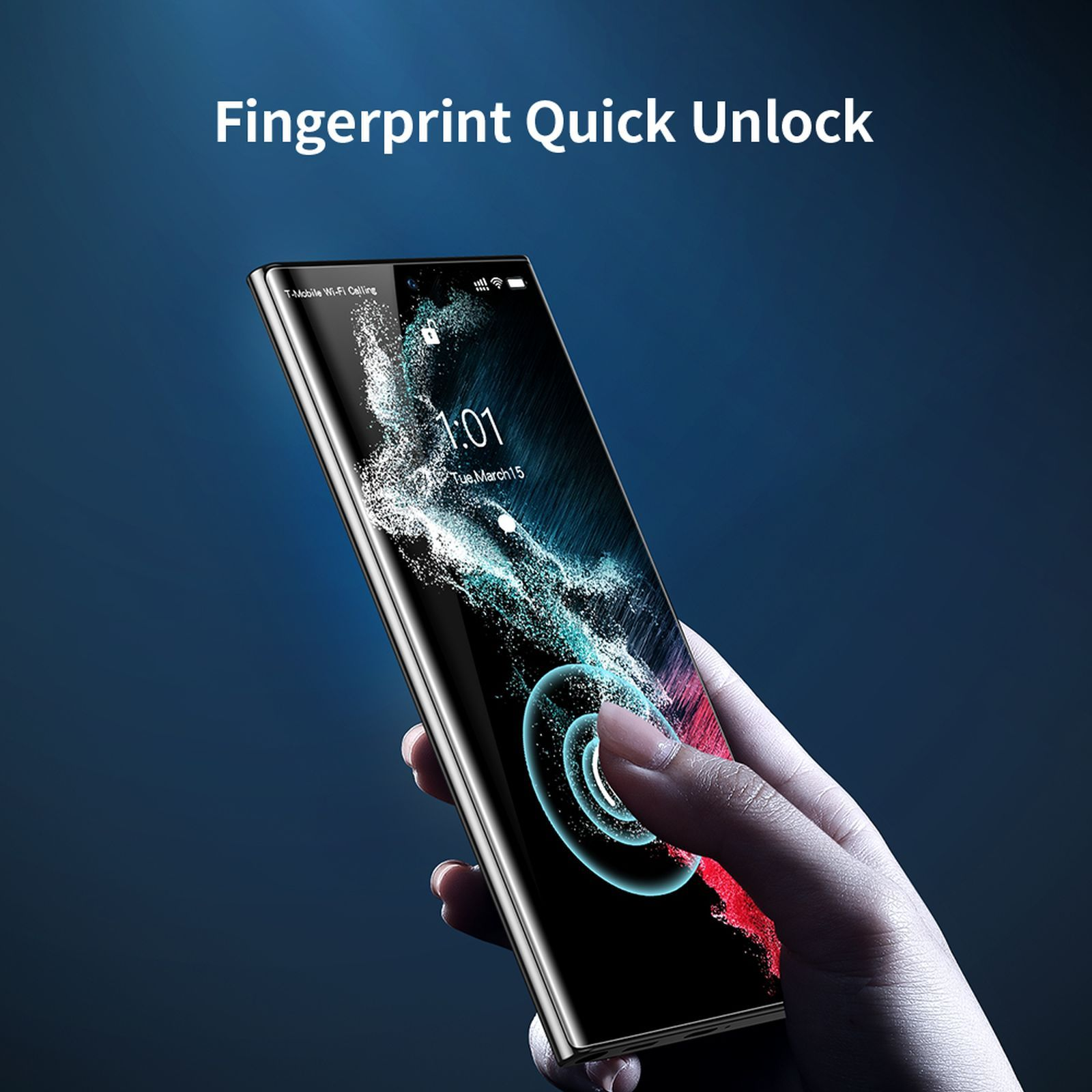 Ein Finger berührt einen Telefonbildschirm, der eine Fingerabdruck-Entsperrmeldung anzeigt.