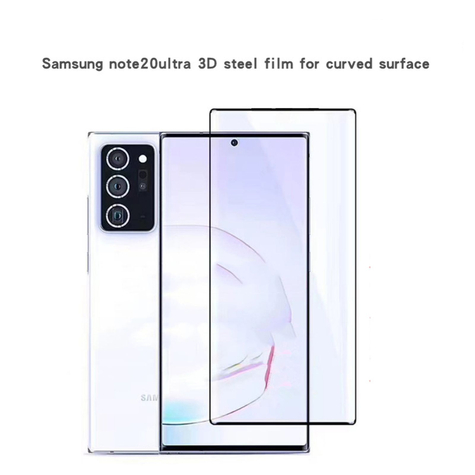 Ein weißes Telefon und eine Displayschutzfolie. Text: Samsung note20ultra 3D Stahlfolie.