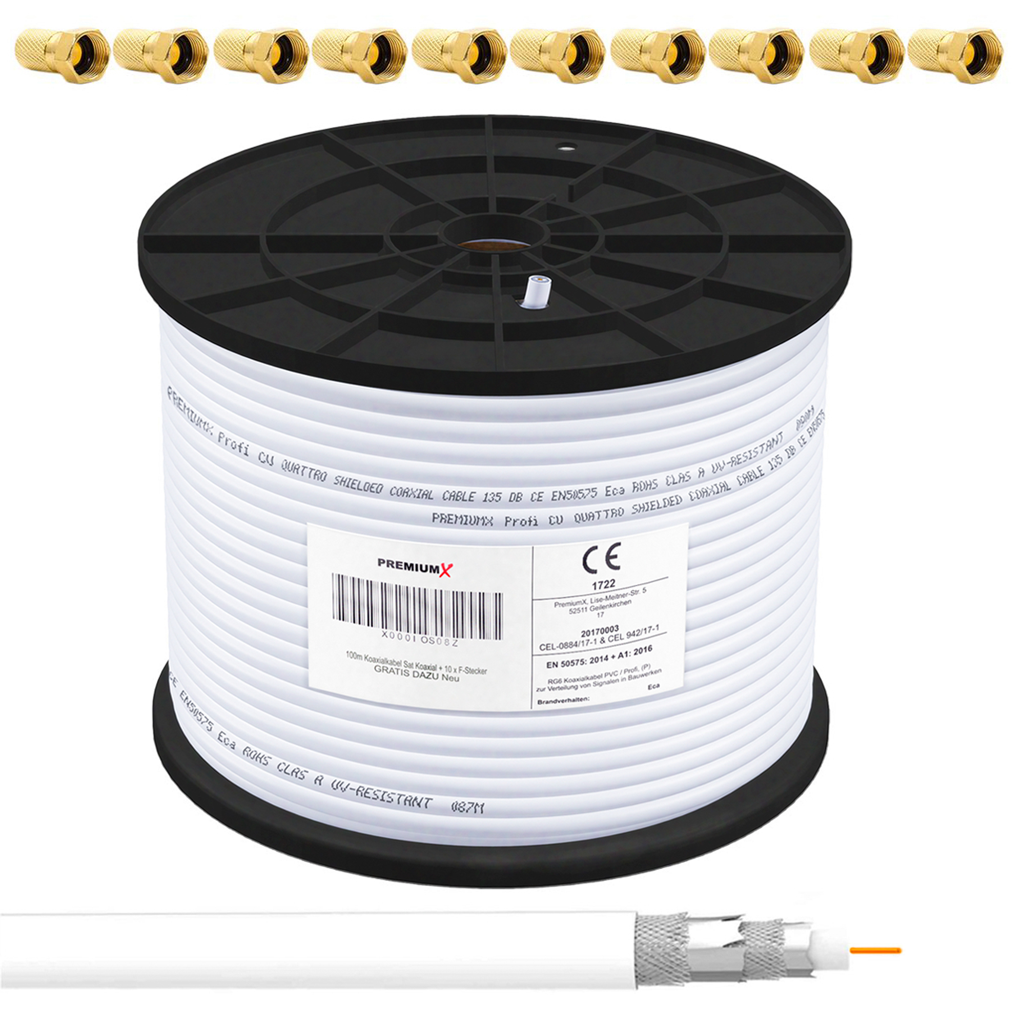 PREMIUMX 100m PROFI Koaxialkabel 135dB Antennenkabel F-Stecker 10x CU Antennenkabel 4-fach