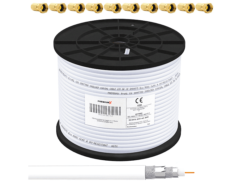 PREMIUMX 100m PROFI Koaxialkabel 135dB CU 4-fach Antennenkabel 10x F