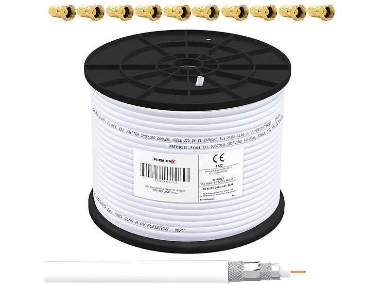 PREMIUMX 100m PROFI Koaxialkabel 135dB CU 4-fach Antennenkabel 10x F-Stecker Antennenkabel