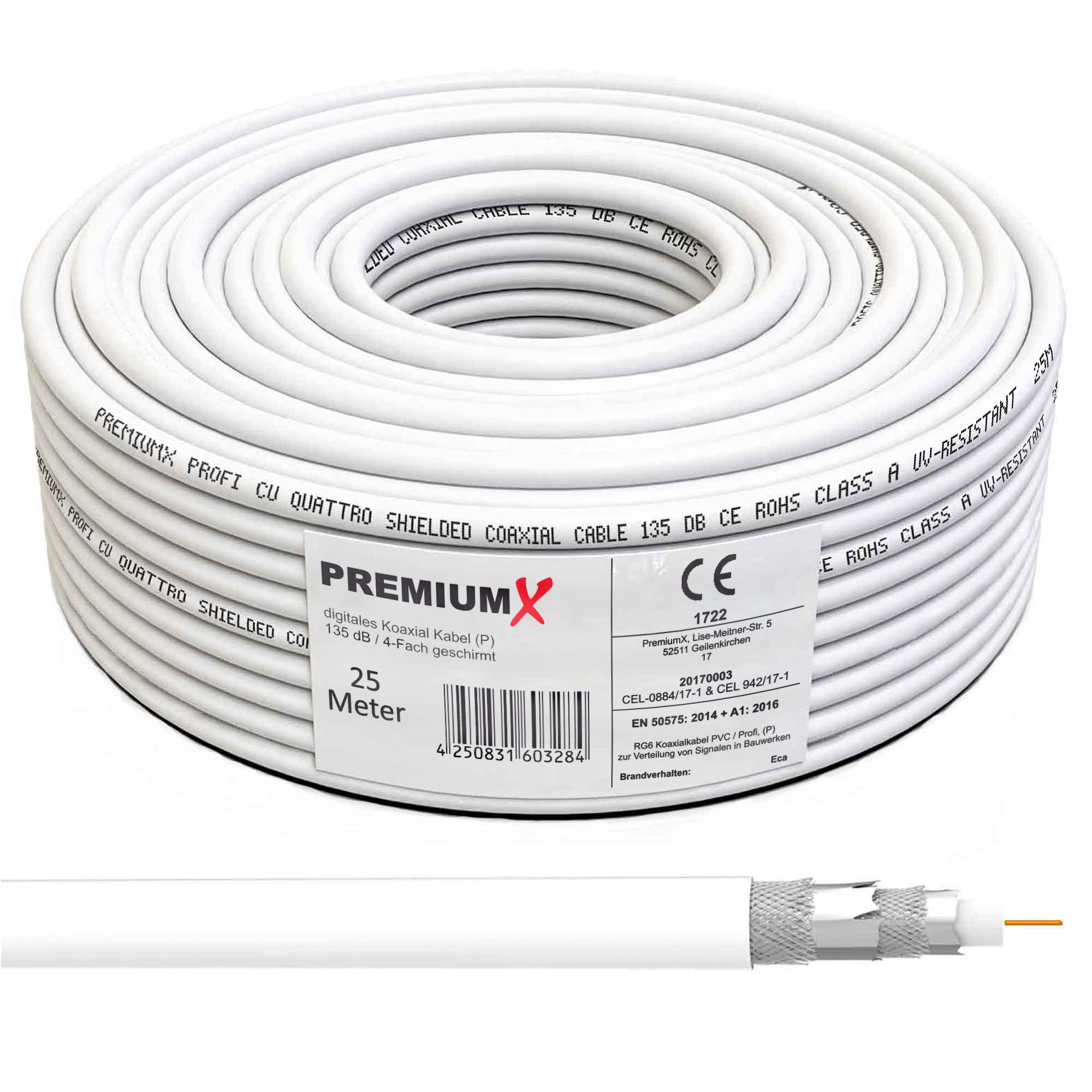 Weißes Koaxialkabel auf einer Rolle. Das Kabel ist beschriftet. Das Ende des Kabels ist sichtbar.