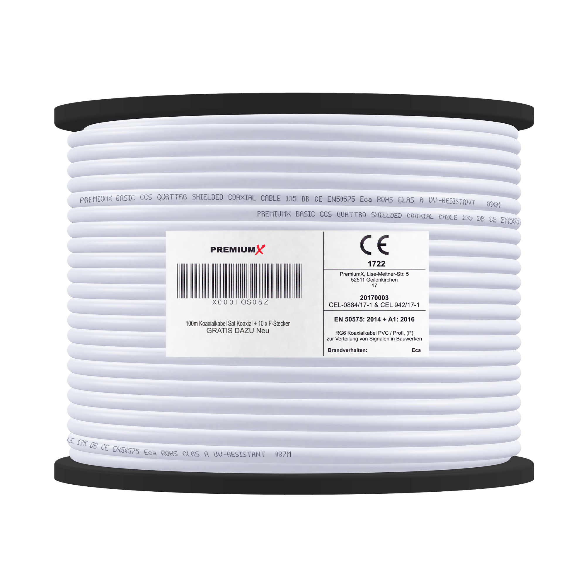 Eine Rolle weißes Koaxialkabel mit Produktinformationsetiketten.