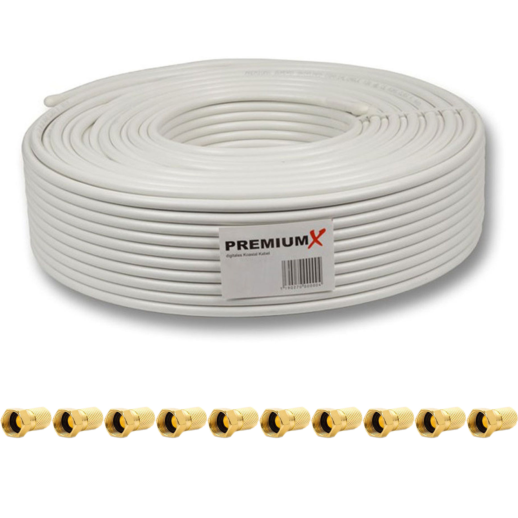 Weiße Koaxialkabelrolle mit goldenen Steckern. Stecker sind unten.