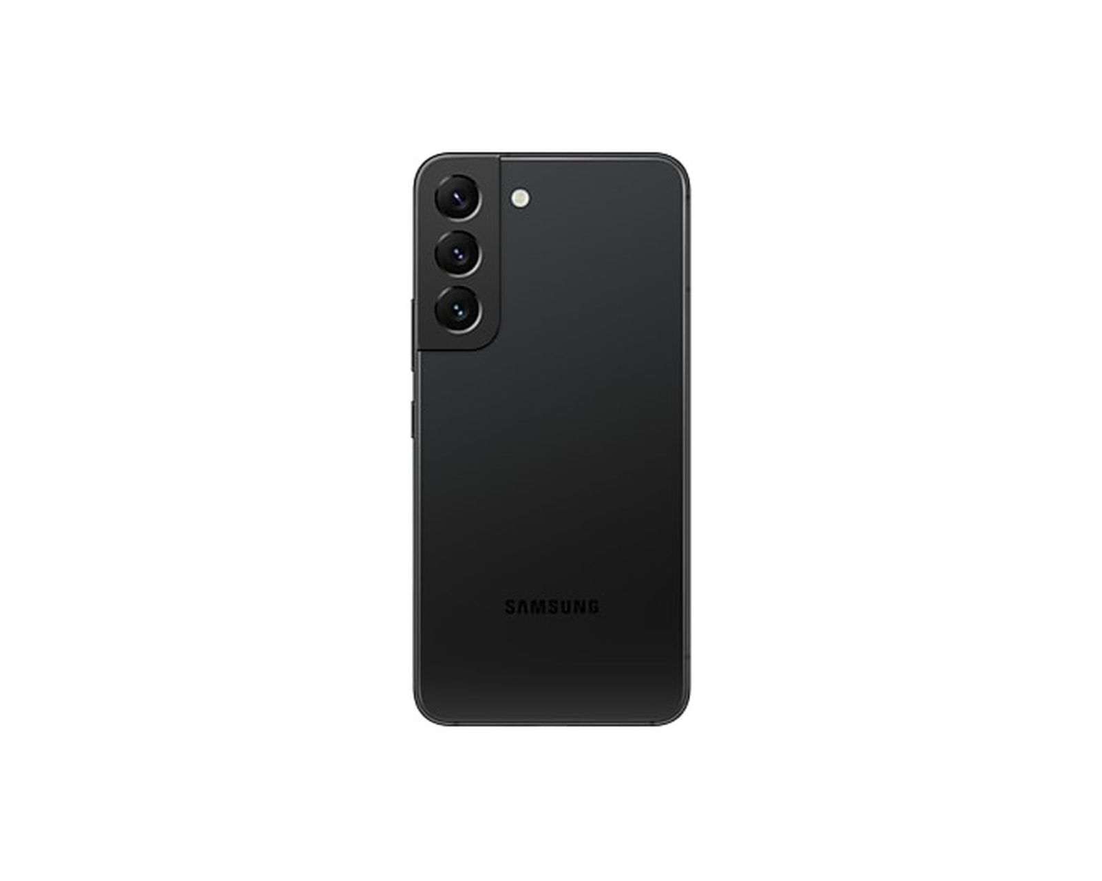 Schwarzes Smartphone, Dreifachkamera und schlankes Design. Das Telefon befindet sich auf weißem Hintergrund.