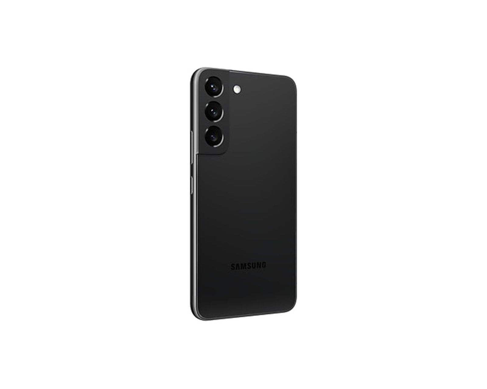 Schwarzes Samsung Telefon, Rückansicht. Es hat drei Kameras und Samsung-Branding. Schlankes Design.